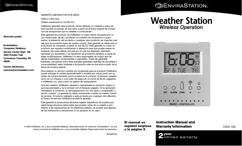 Page n°1 - Manuel utilisateur EnviraStation DWS-100