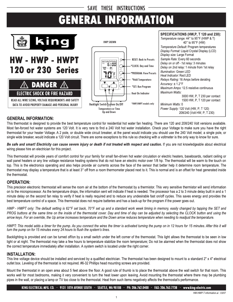 Page n°1 - Manuel utilisateur King HWPT120
