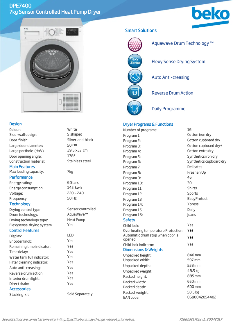 Page 1 de la notice Fiche technique Beko DPE7400