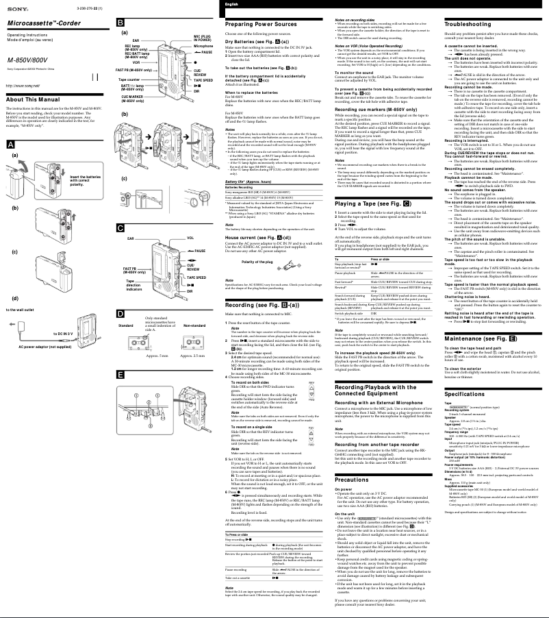Page n°1 - Manuel utilisateur Sony M-800V