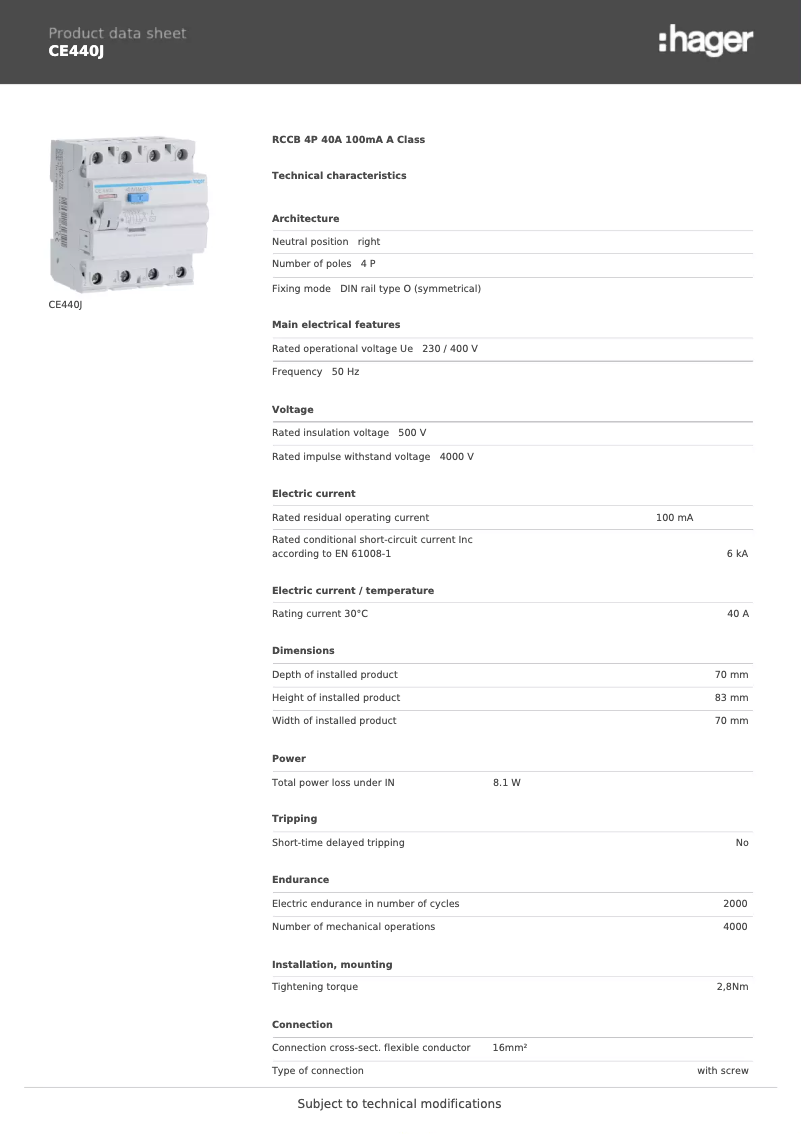 Page n°1 - Fiche technique Hager CE440J