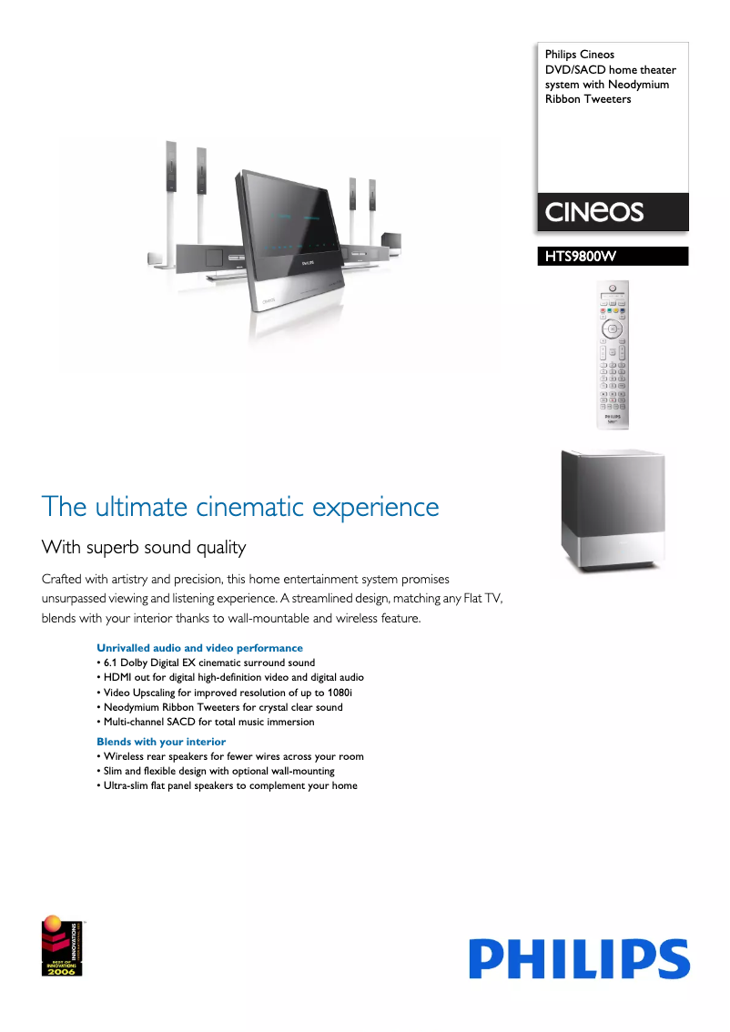 Page 1 of the manual Technical Sheet Philips Cineos HTS9800W