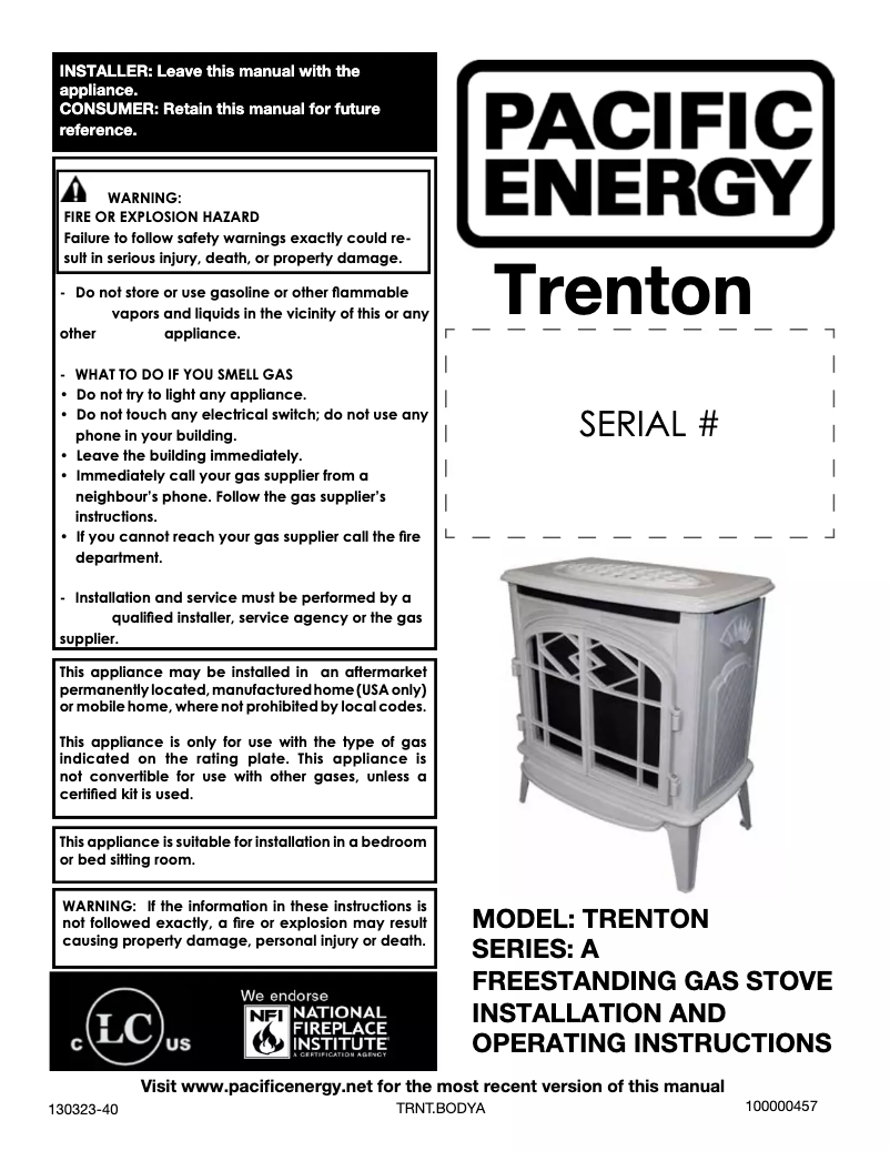Page 1 de la notice Manuel utilisateur Pacific Energy Trenton Classic