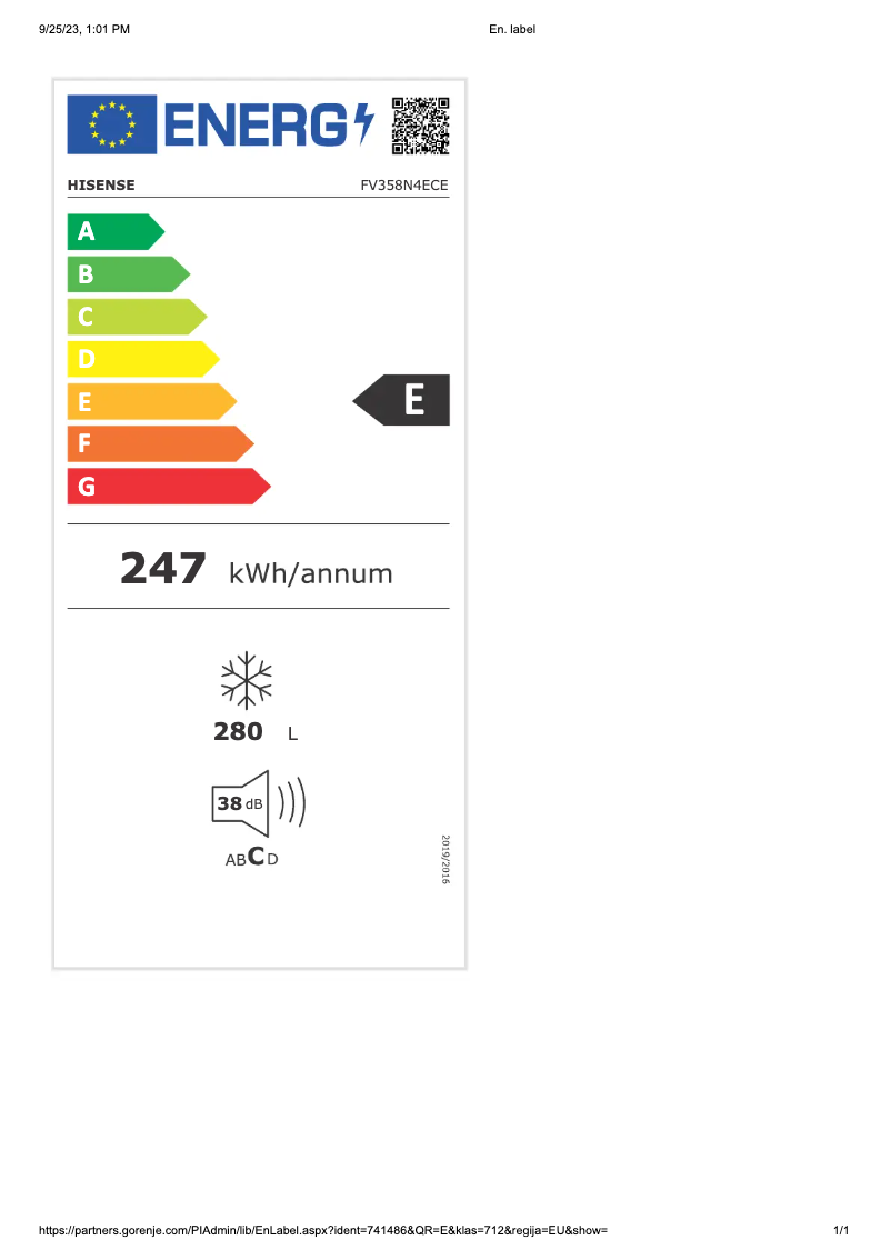 Page 1 de la notice Label énergétique Hisense RL528D4ECE