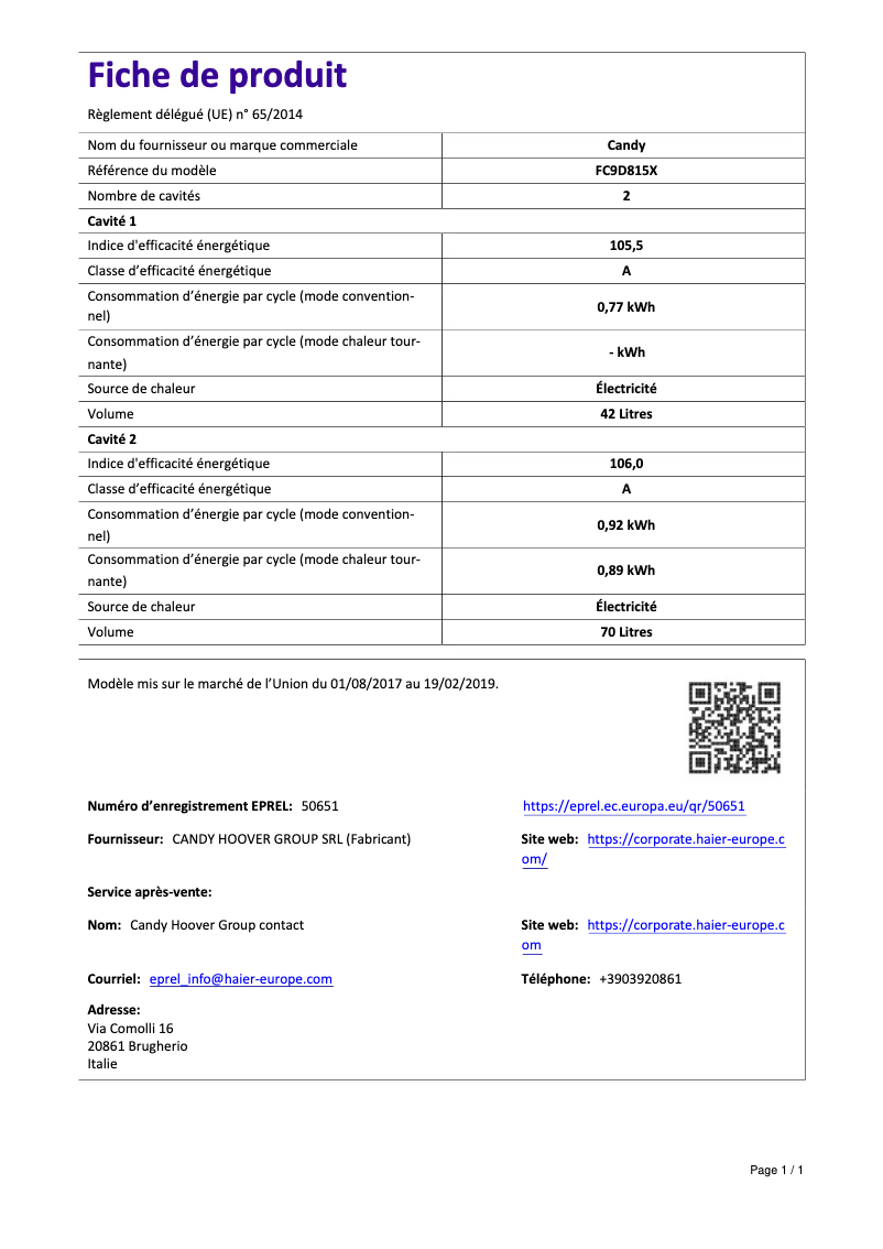 Page 1 de la notice Manuel utilisateur Candy FC9D815X