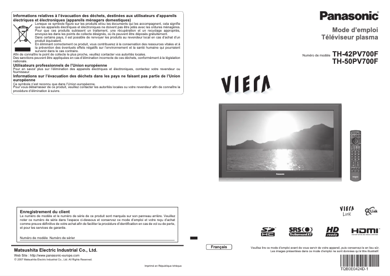 Page 1 de la notice Manuel utilisateur Panasonic Viera TH-42PV700F