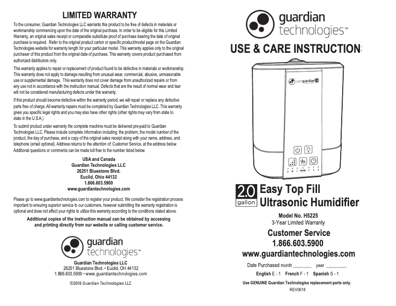 Page n°1 - Manuel utilisateur PureGuardian H5225WCA