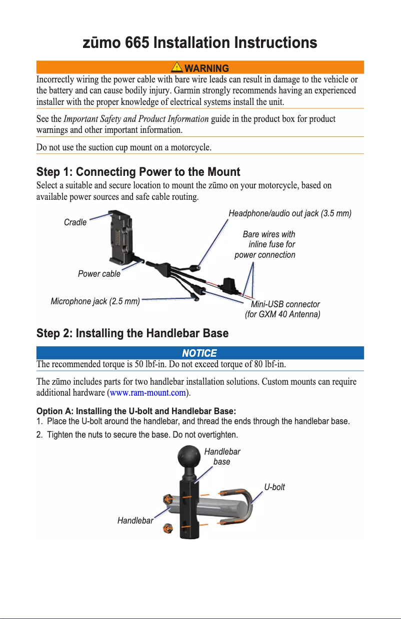 Page 1 de la notice Guide d'installation Garmin zūmo 665LM