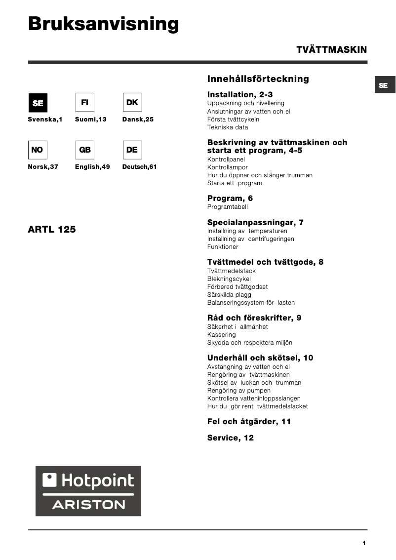 Image de la première page du manuel de l'appareil ARTL 125 SK