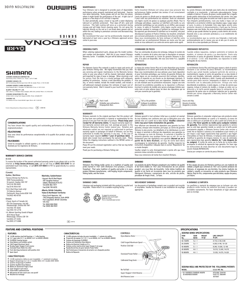 Page 1 de la notice Manuel utilisateur Shimano Sedona 1500FB
