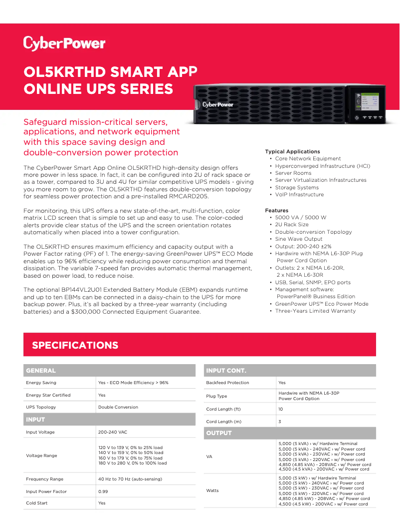 Page n°1 - Fiche technique CyberPower Smart App Online OL5KRTHD