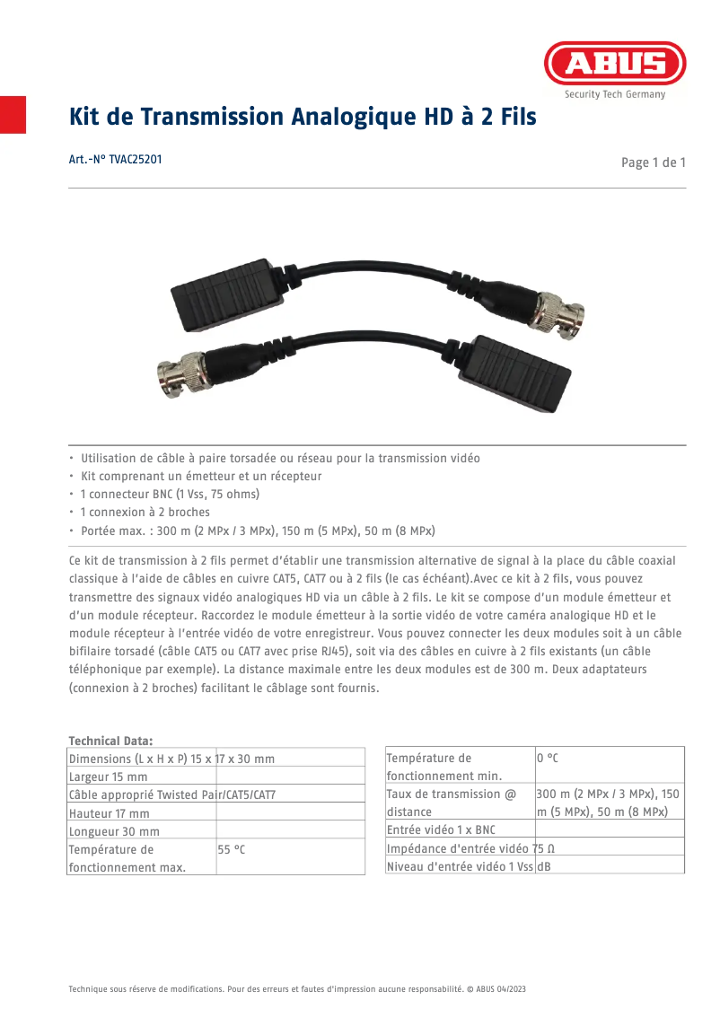 Page 1 de la notice Fiche technique Abus TVAC25201