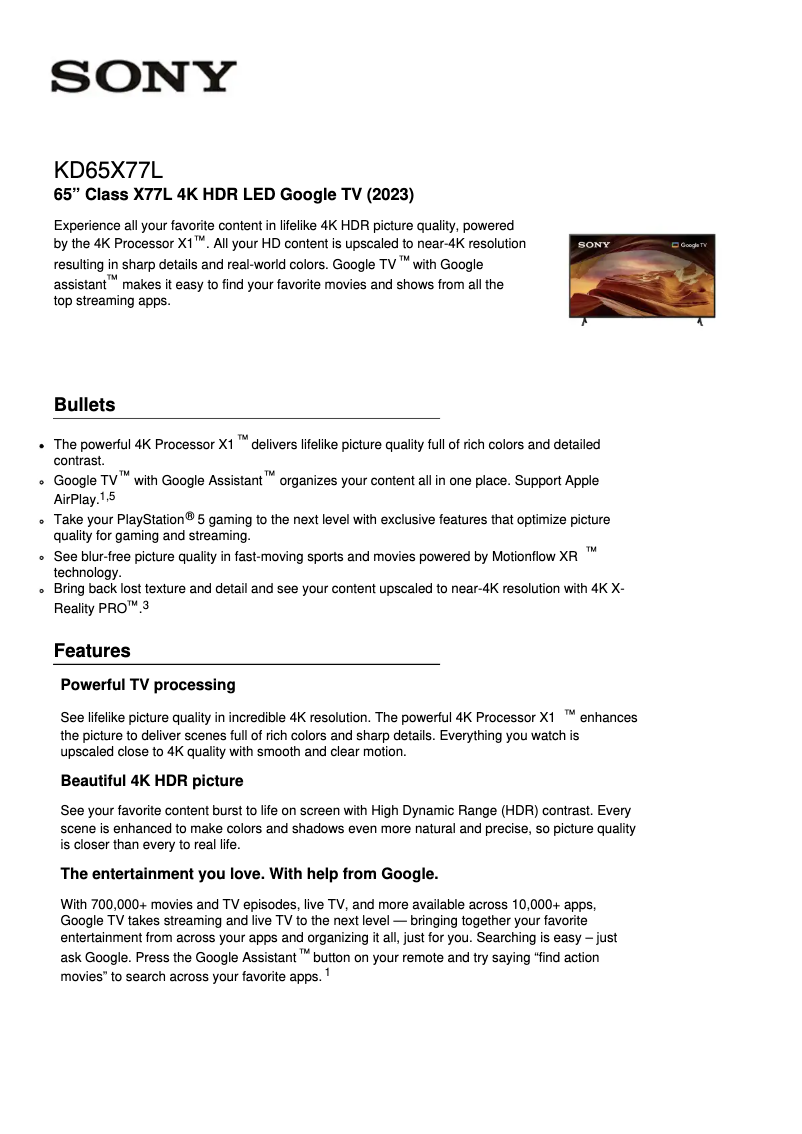 Página 1 del manual Ficha técnica Sony KD-65X77L
