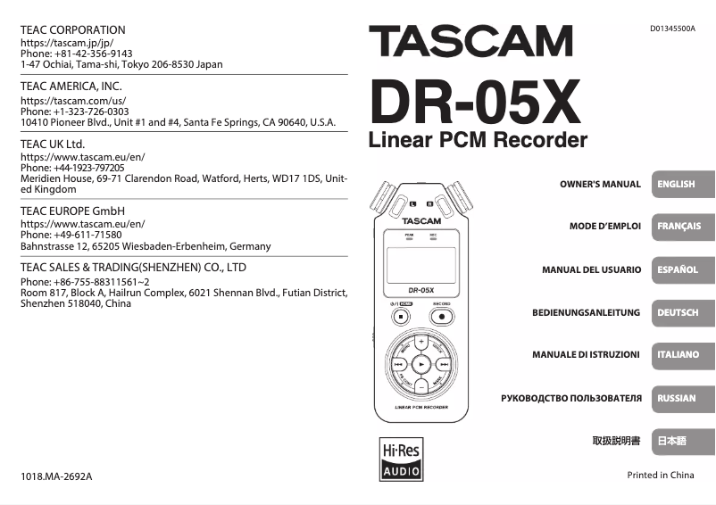 Page 1 de la notice Manuel utilisateur Tascam DR-05X
