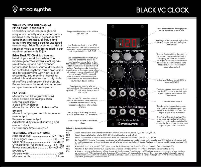 Page 1 de la notice Manuel utilisateur Erica Synths Black VC Clock