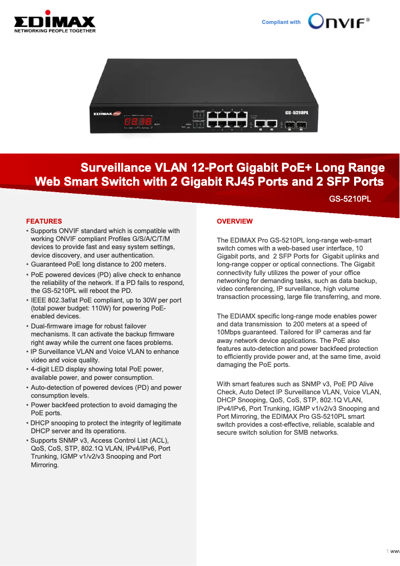 Page 1 de la notice Fiche technique Edimax GS-5210PL