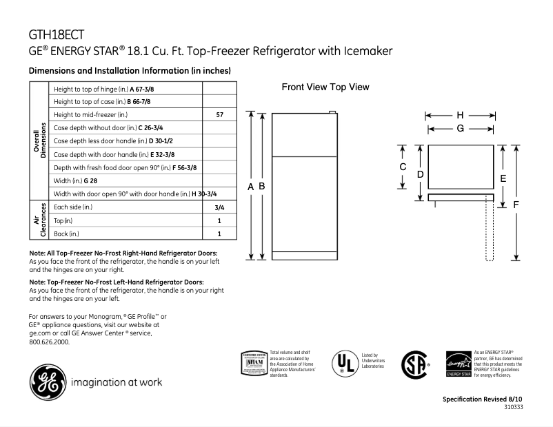 Page n°1 - Fiche technique GE GTH18ECTWW