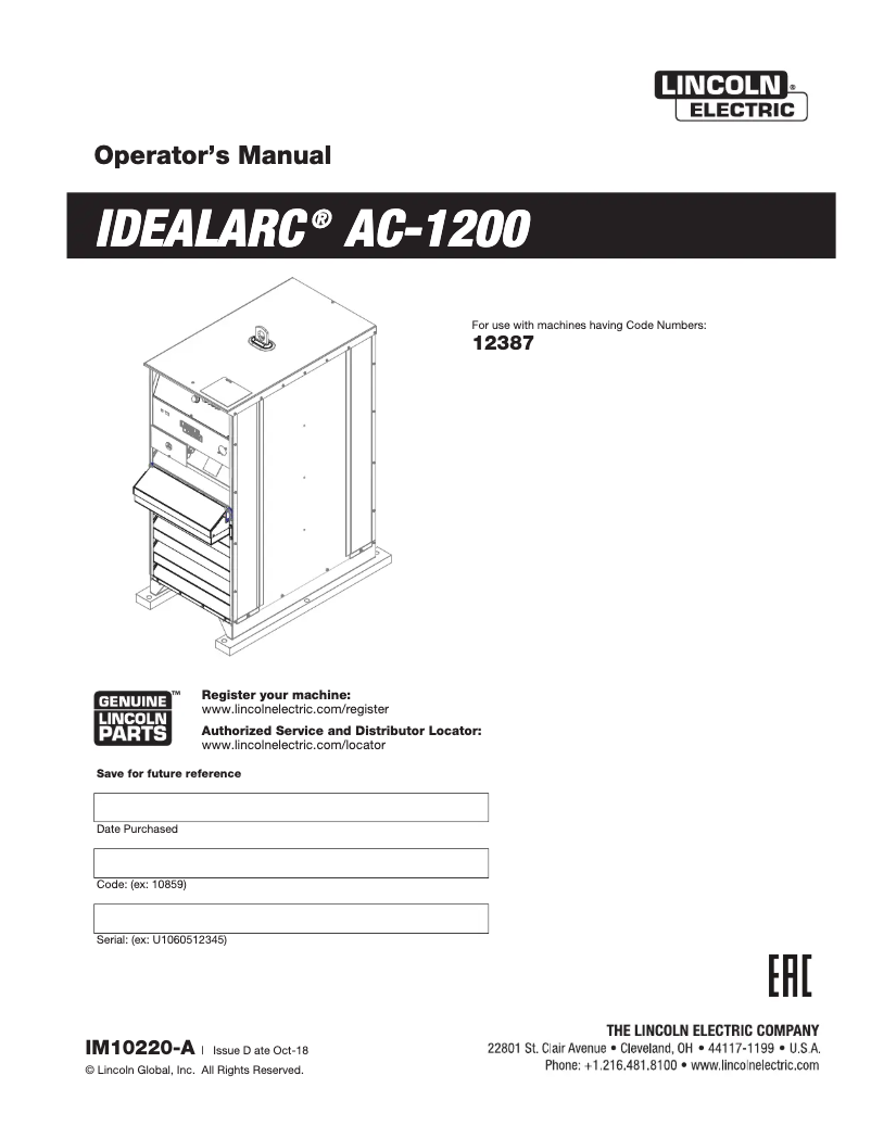 Imagen de la primera página del manual del dispositivo Idealarc AC1200