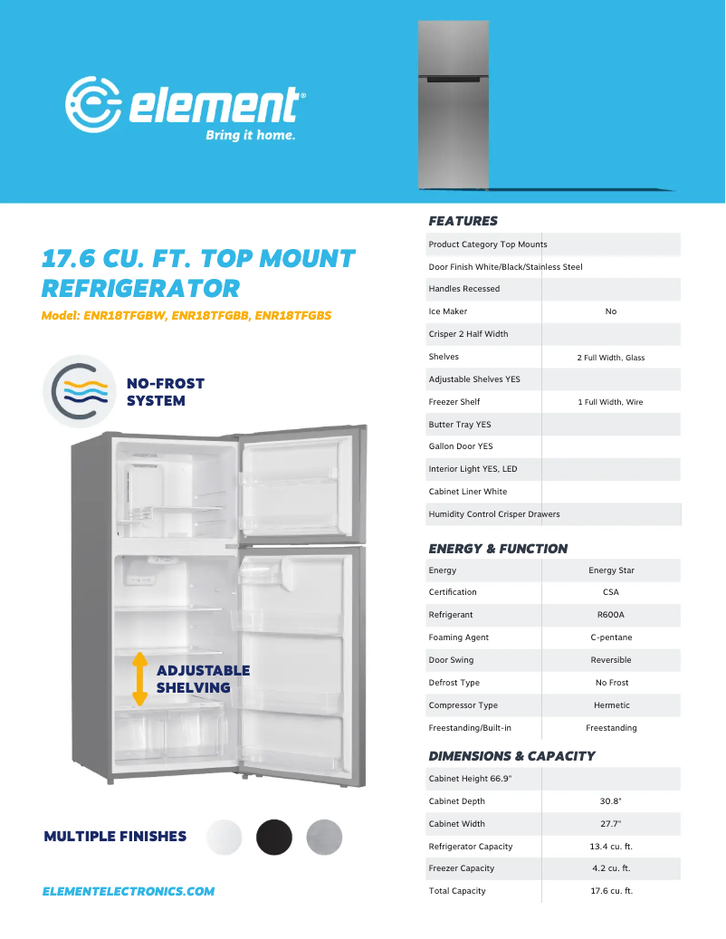 Page 1 de la notice Fiche technique Element ENR18TFGBB