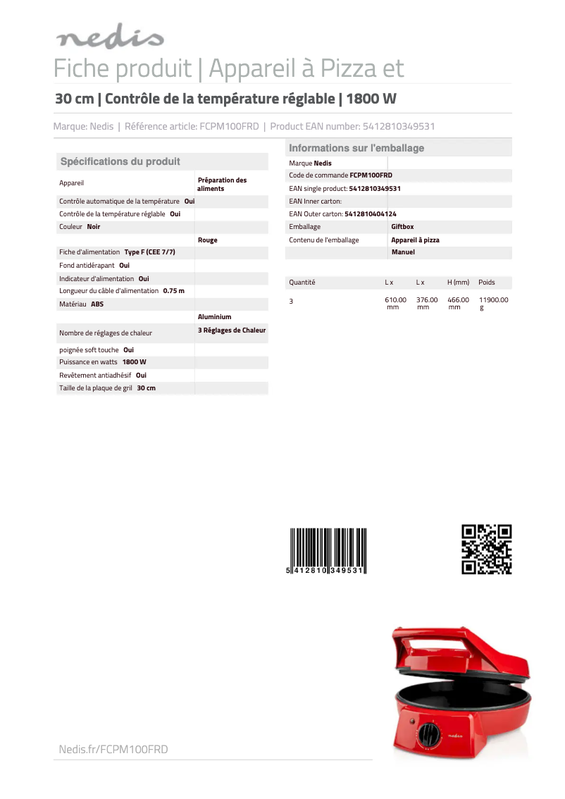 Page 1 de la notice Manuel utilisateur Nedis FCPM100FRD