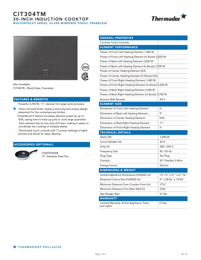 Page 1 de la notice Fiche technique Thermador CIT304TM