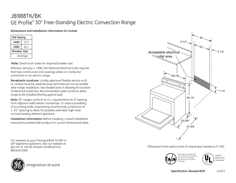 Page n°1 - Fiche technique GE Profile JB988TKWW
