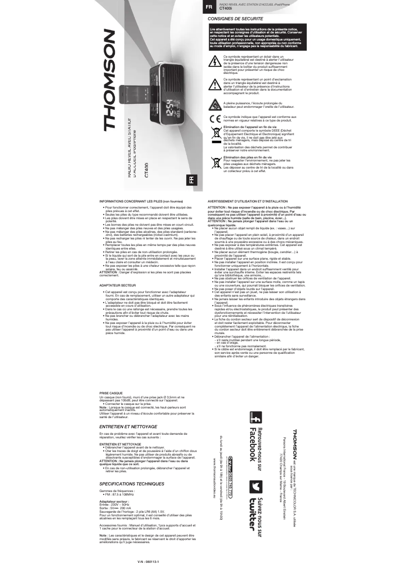 Page n°1 - Manuel utilisateur Thomson CT400I