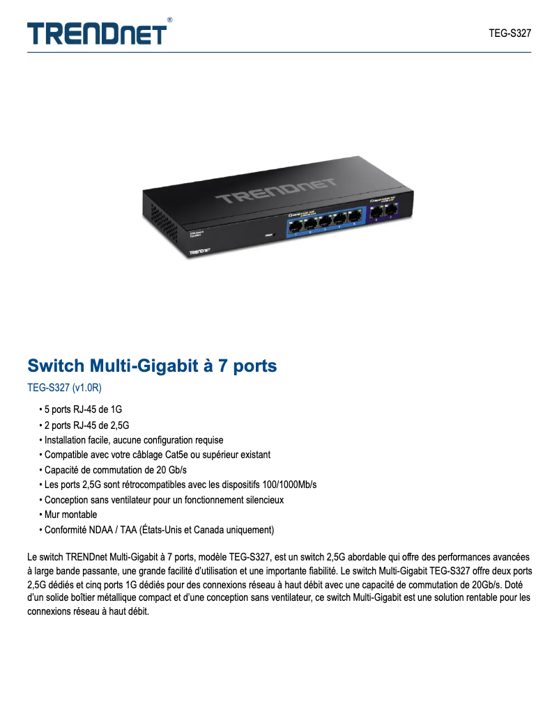 Page 1 de la notice Fiche technique TRENDnet TEG-S327