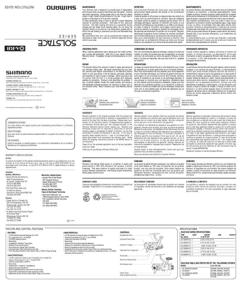 Page 1 de la notice Manuel utilisateur Shimano Solstace 4000FH