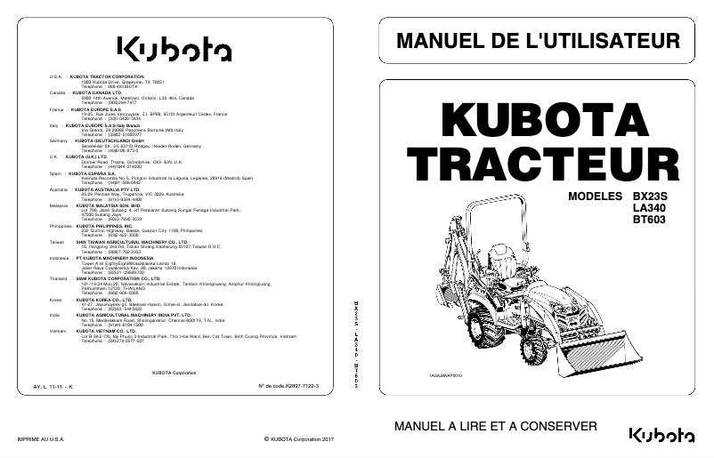 Page 1 de la notice Manuel utilisateur Kubota BX23S