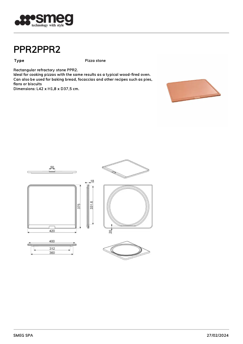 Page 1 de la notice Fiche technique Smeg PPR2