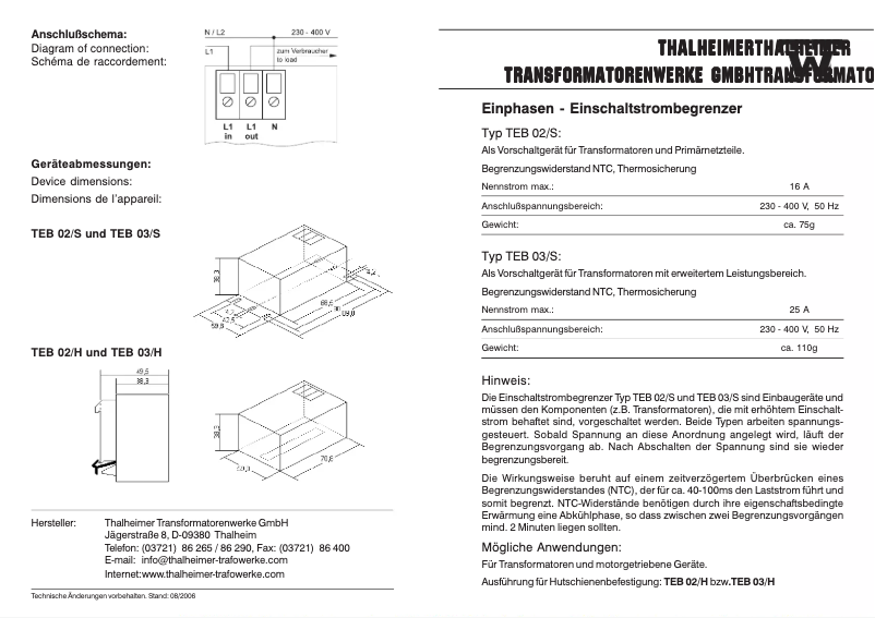 Page 1 de la notice Manuel utilisateur Thalheimer TEB 03/S