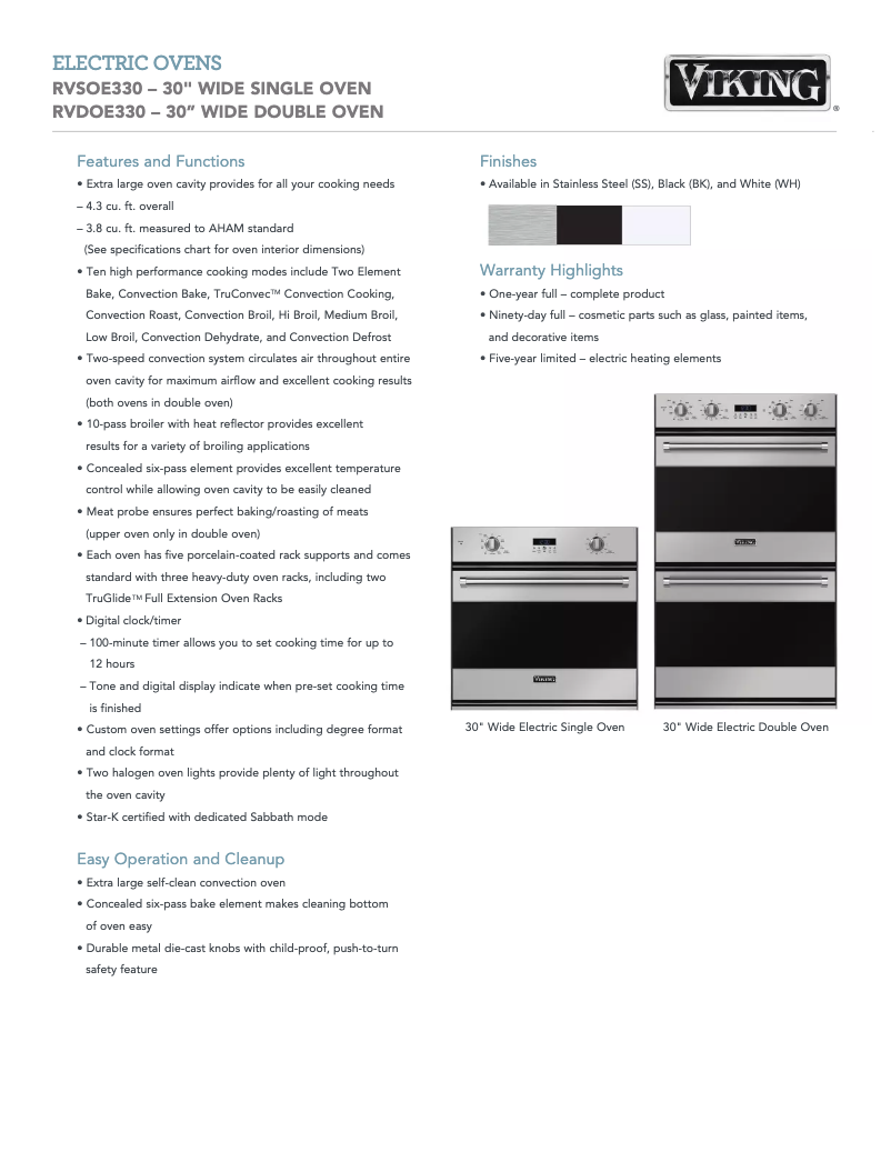 Page 1 de la notice Fiche technique Viking RVSOE330