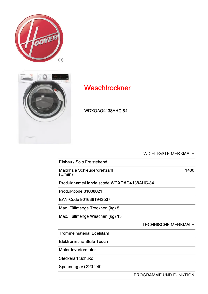 Page n°1 - Manuel utilisateur Hoover WDXOAG4138AHC-84