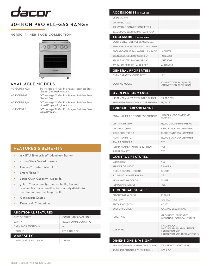 Page n°1 - Fiche technique Dacor HGR30PS