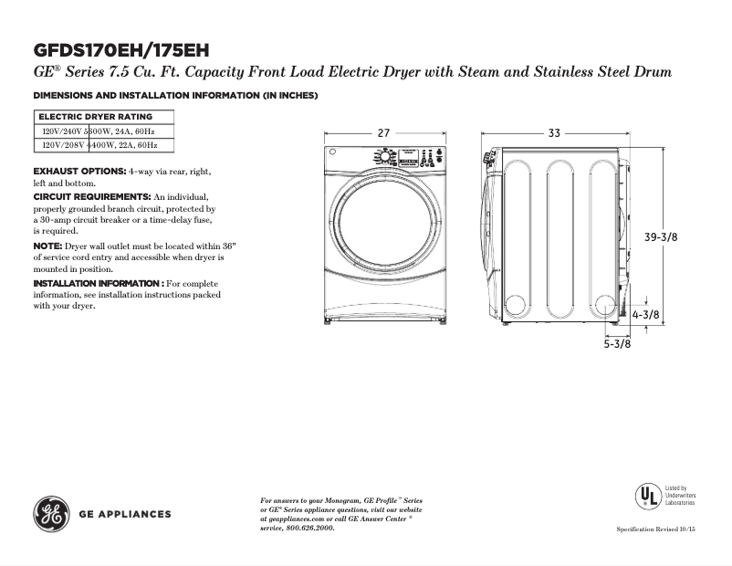 Page 1 of the manual Technical Sheet GE GFDS175EHDG