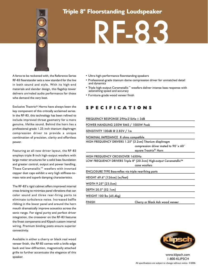 Page n°1 - Fiche technique Klipsch RF-83