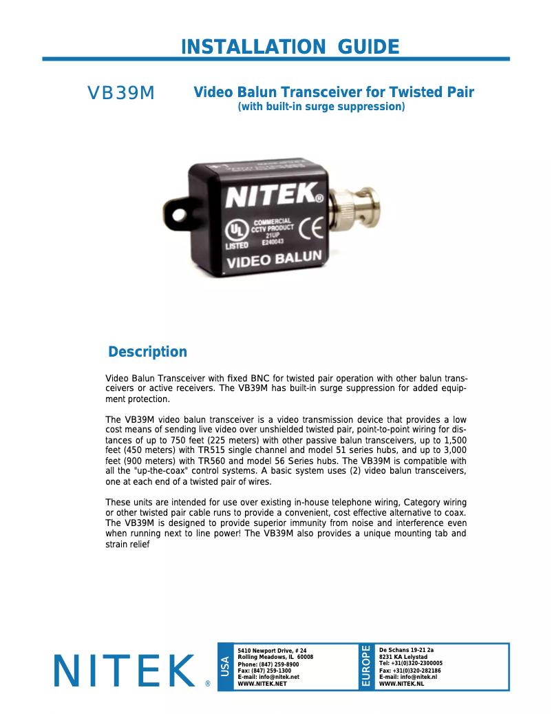 Page 1 de la notice Manuel utilisateur Nitek VB39M