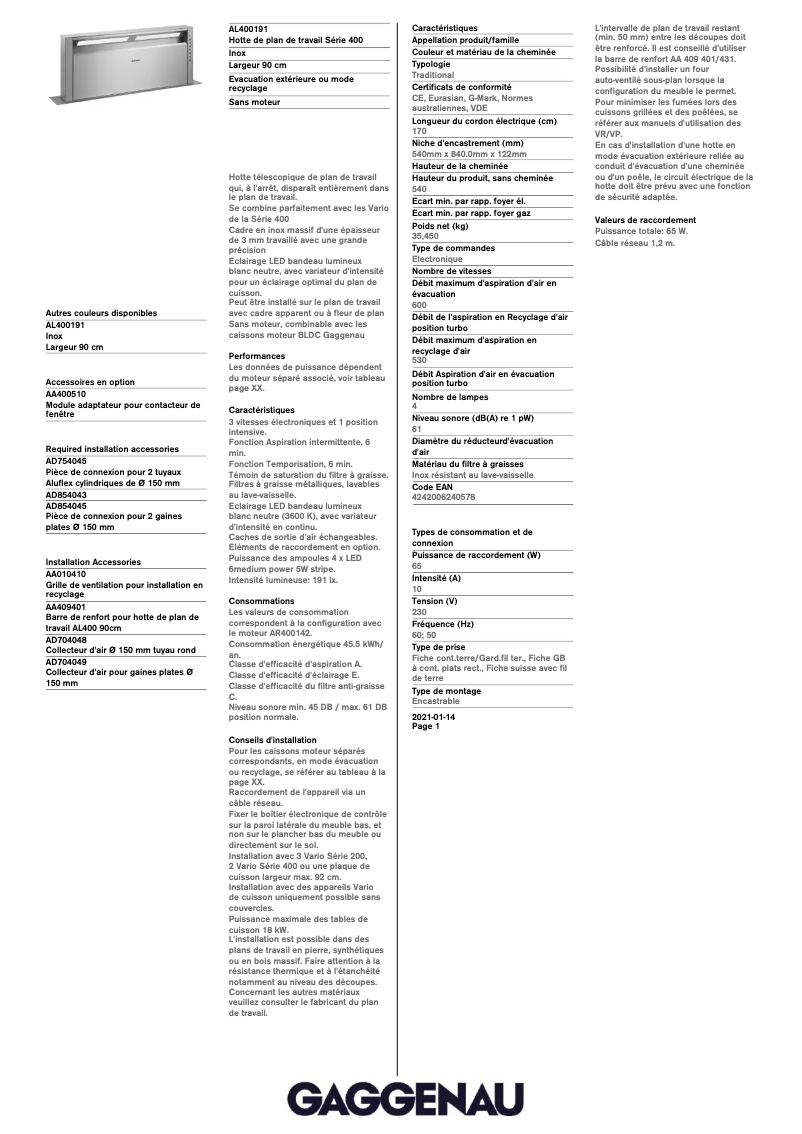 Page n°1 - Fiche technique Gaggenau AL400191