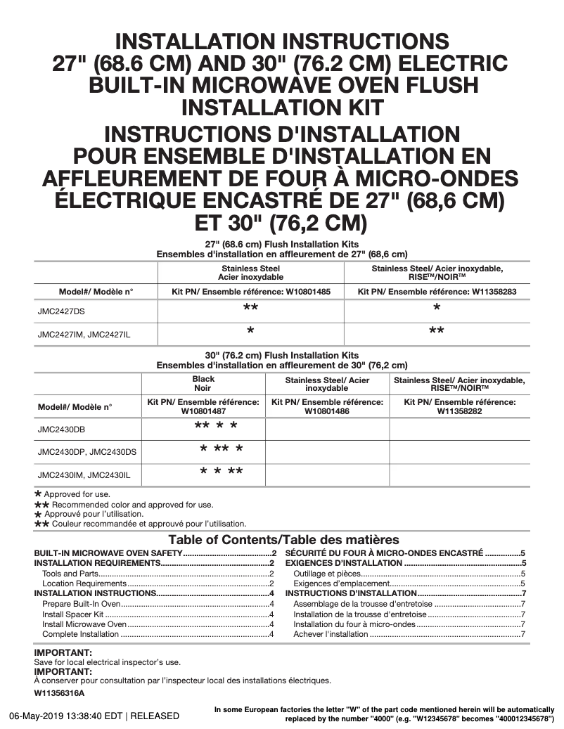 Page 1 de la notice Instructions / montage JennAir JMC2430LM