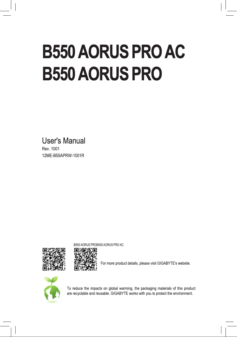 Page 1 de la notice Manuel utilisateur Gigabyte B550 Aorus Pro Ac