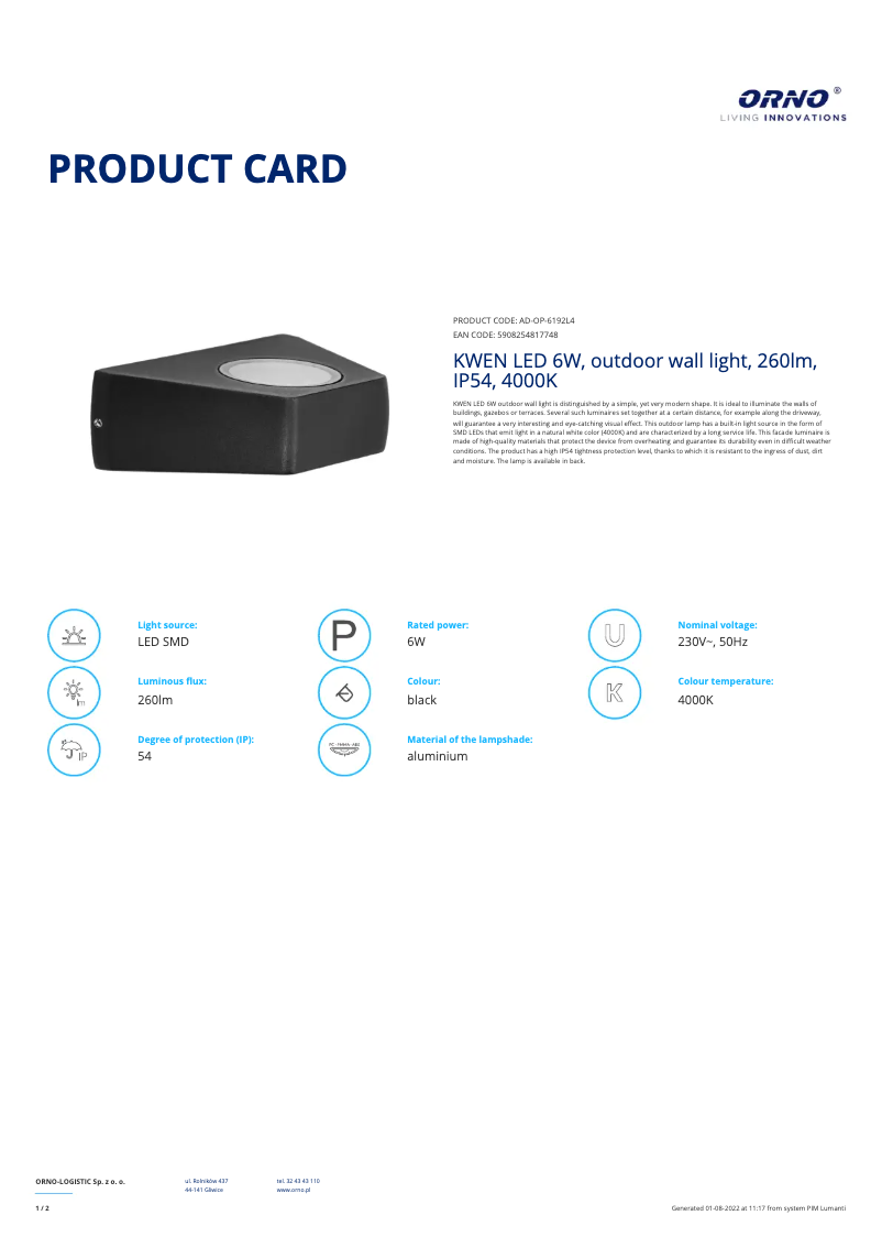 Page 1 de la notice Fiche technique Adviti AD-OP-6192L4
