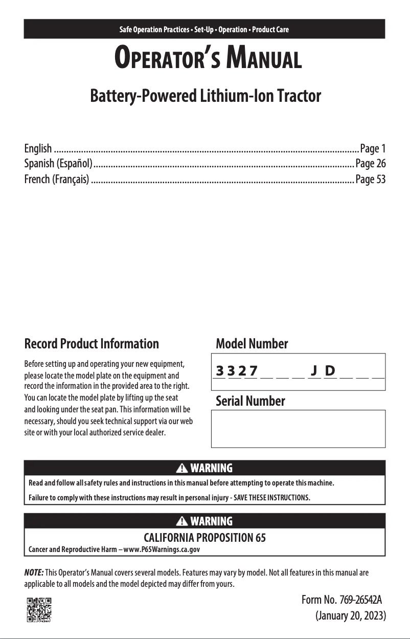 Page 1 de la notice Manuel utilisateur Troy-Bilt TB30E XP