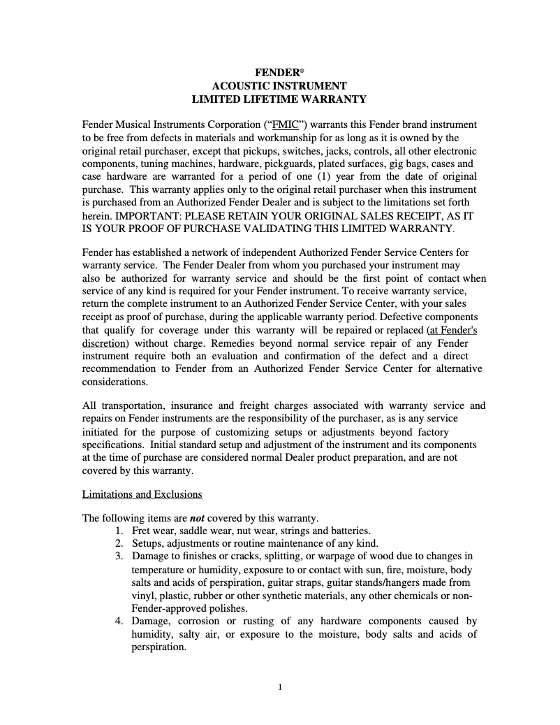 Página 1 del manual Información de garantía Fender Acoustasonic Player Telecaster