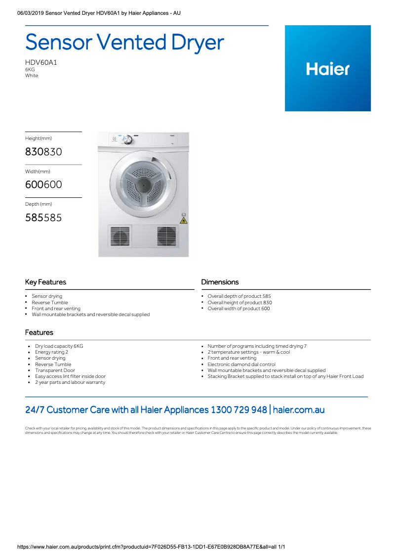 Page 1 de la notice Fiche technique Haier HDV60A1