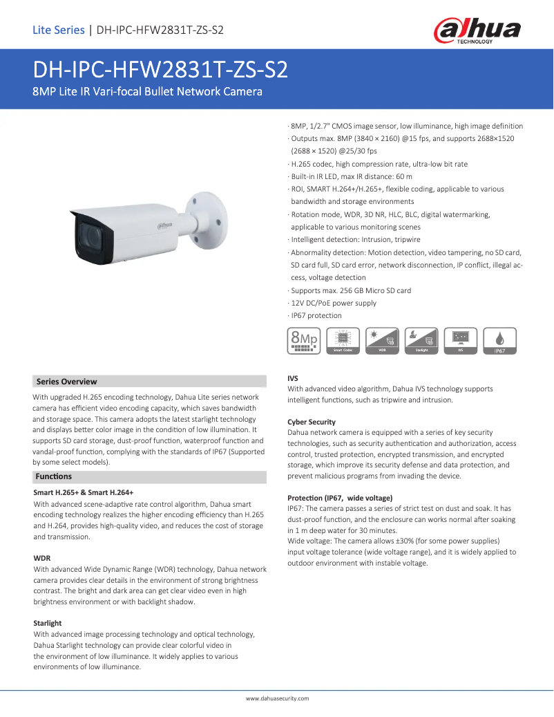 Page 1 de la notice Fiche technique Dahua Technology IPC-HFW2831T-ZS-S2