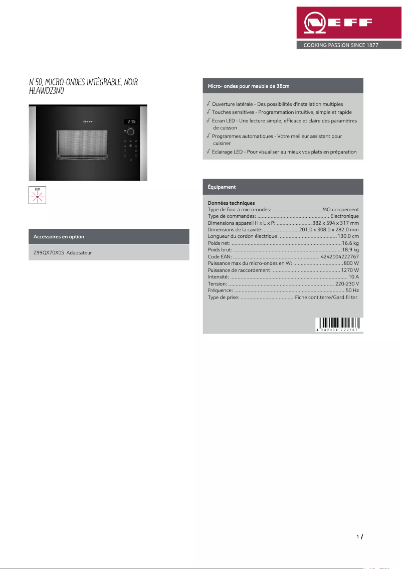 Página 1 del manual Ficha técnica Neff HLAWD23N0