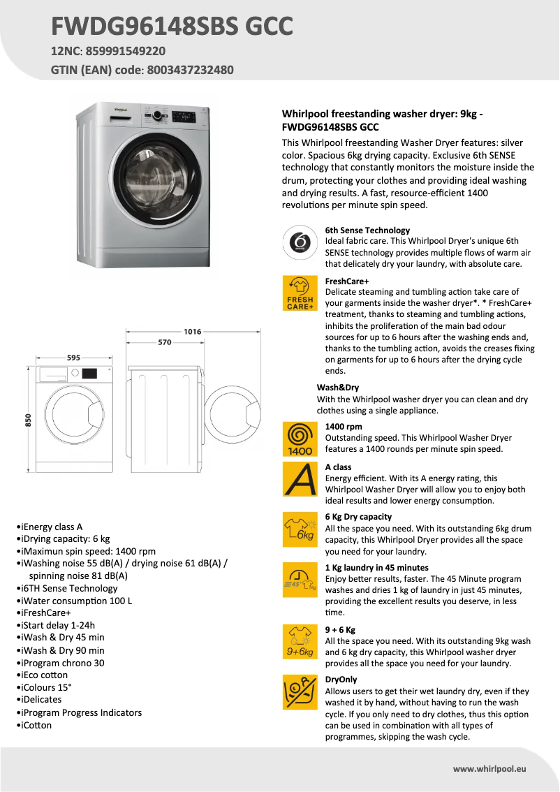 Page 1 de la notice Fiche technique Whirlpool FWDG96148SBS