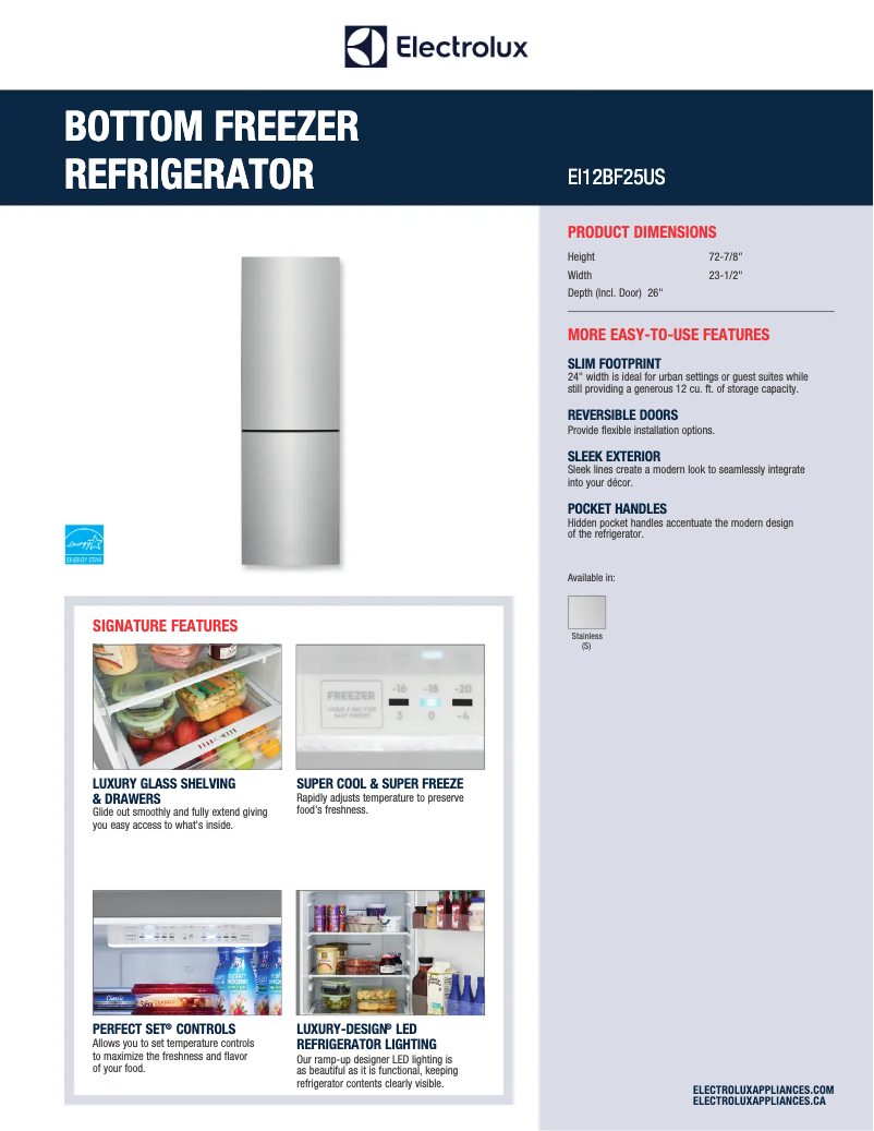 Page 1 de la notice Fiche technique Electrolux EI12BF25US