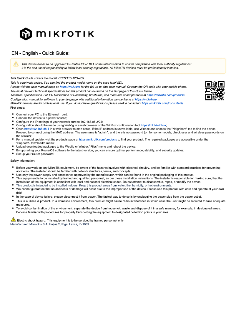 Page n°1 - Manuel utilisateur Mikrotik CCR2116-12G-4S+